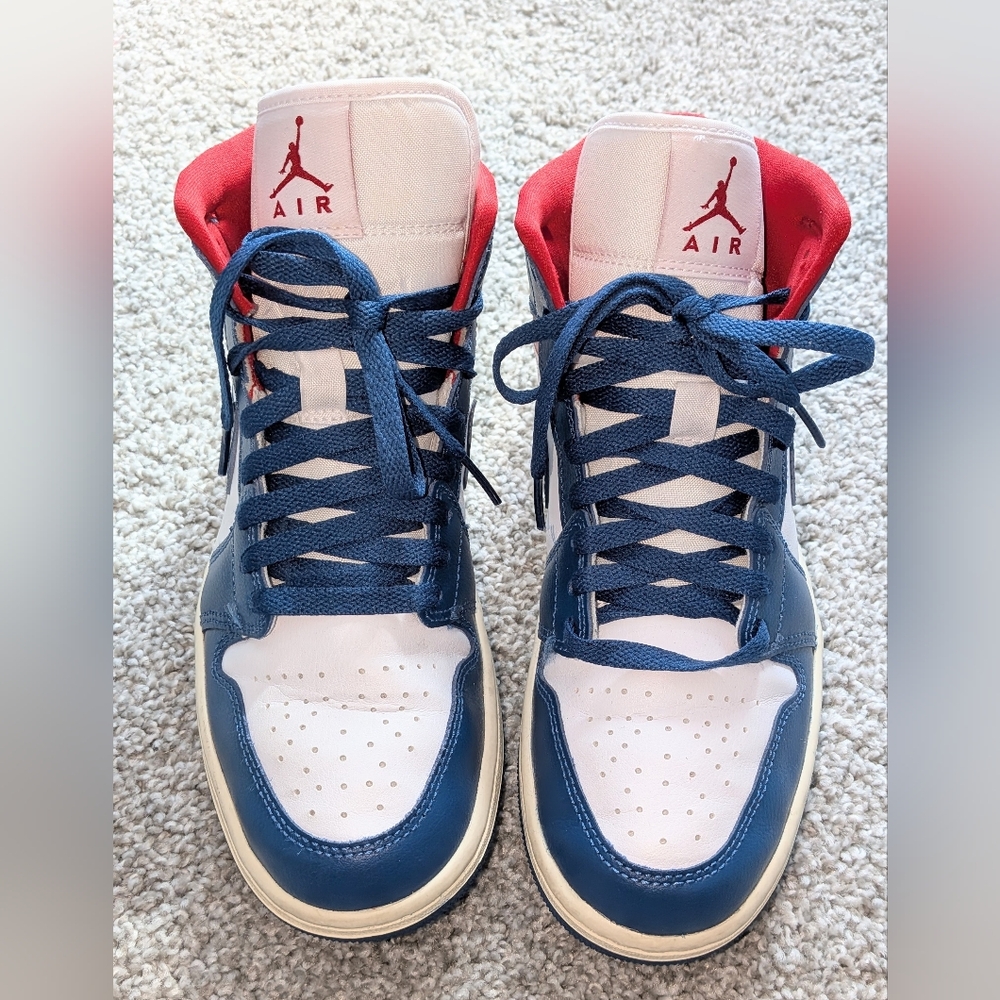 Nike,Air Jordan 1, Mid, White/French Blue, Gym Red-Sail, BQ647146-Women's 8
